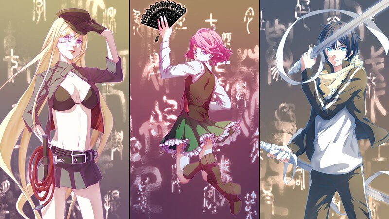 Three Anime Characters — Purple, Dramatic, Sword, Fan