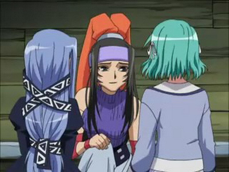 Three Anime Characters — Purple, Neutral, Wooden Wall