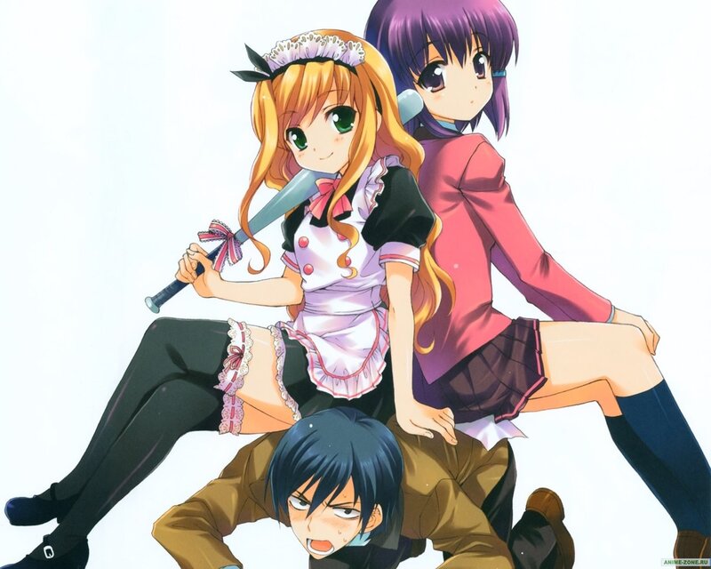Three Anime Characters — Purple, Playful, Baseball Bat