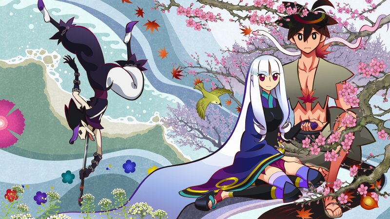 Three Anime Characters — Purple, Serene, Spring, Cherry Blossoms, Snake, Bird, White