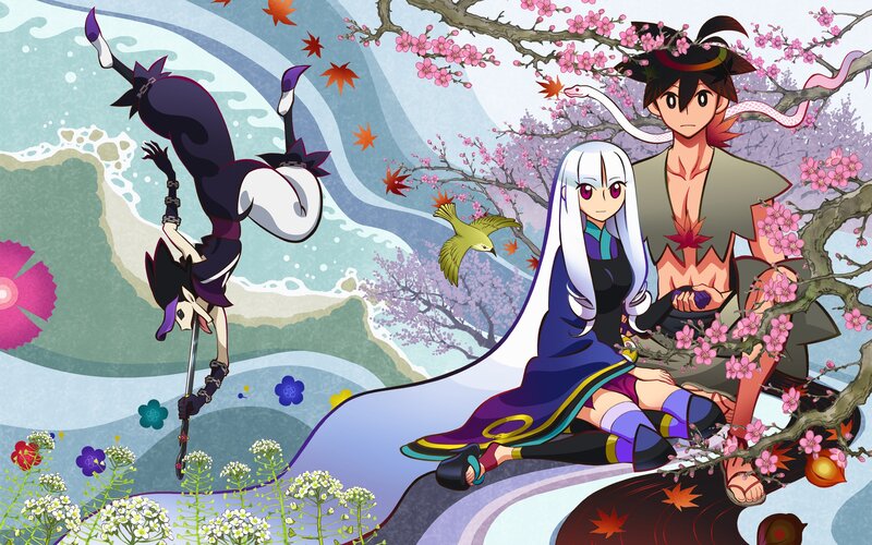 Three Anime Characters — Purple, Serene, Spring, Cherry Blossoms, Snake