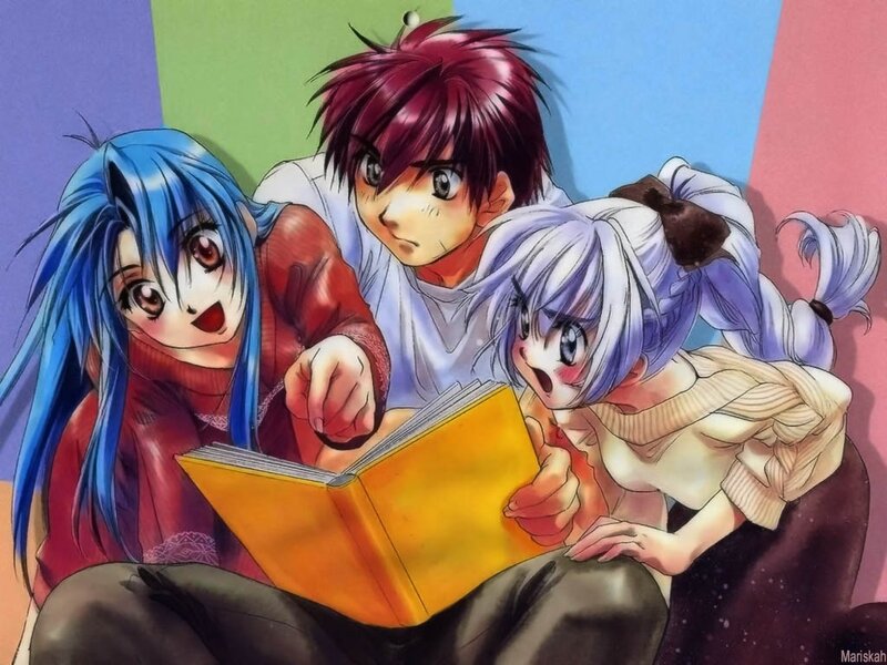 Three anime characters reading a book
