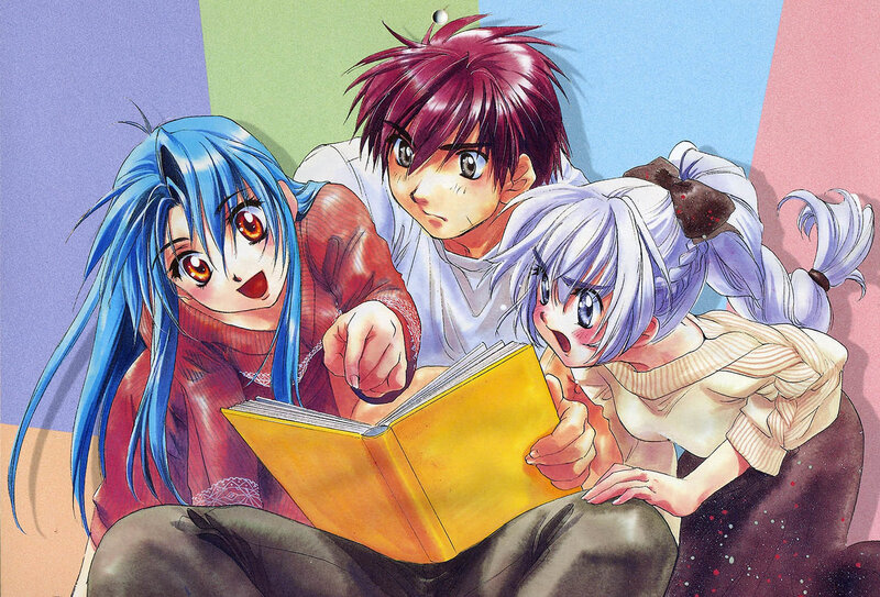 Three anime characters reading a book