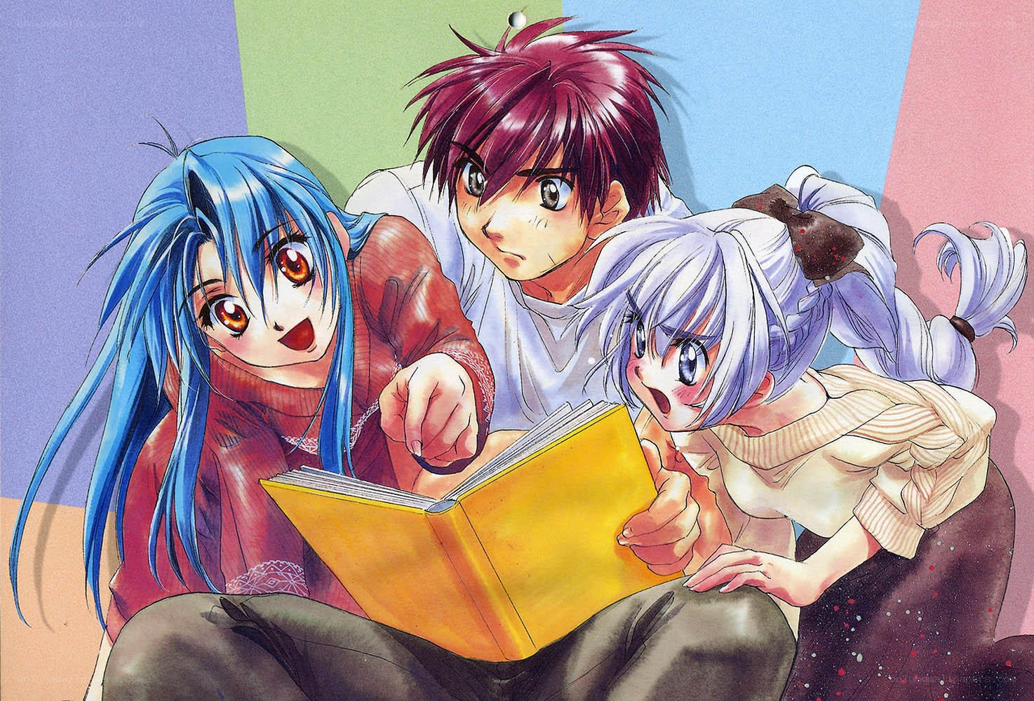 Three anime characters reading a book
