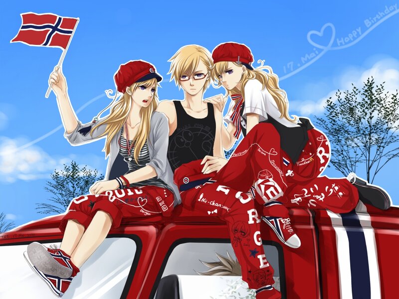 Three Anime Characters — Red, Cheerful, Afternoon