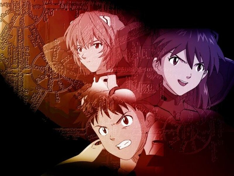 Three Anime Characters — Red, Dramatic, Background Symbols