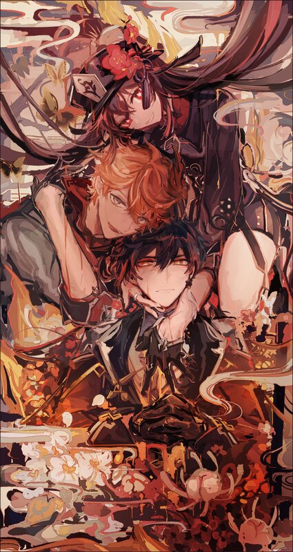 Three Anime Characters — Red, Dramatic, Digital Art, Flowers