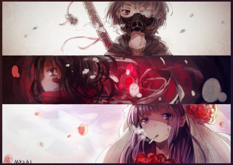 Three Anime Characters — Red, Dramatic, Digital Art, Gas Mask