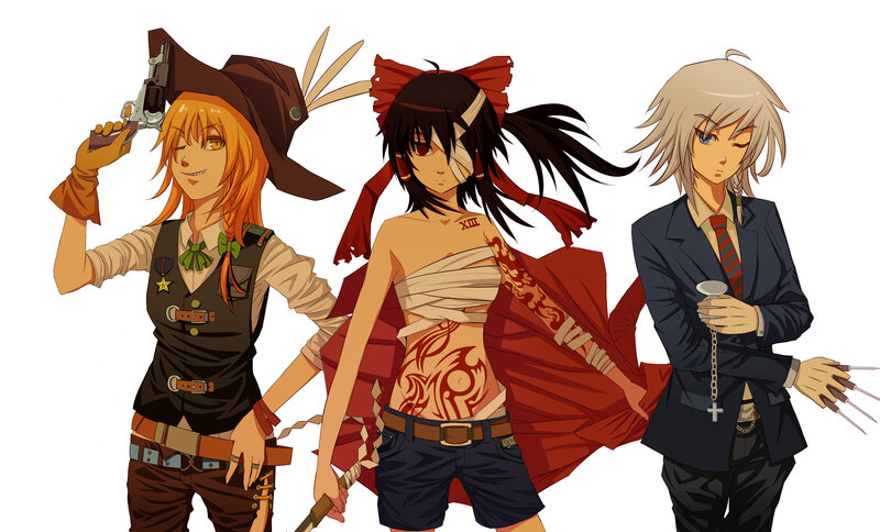 Three Anime Characters — Red, Dramatic, Gun, Sword