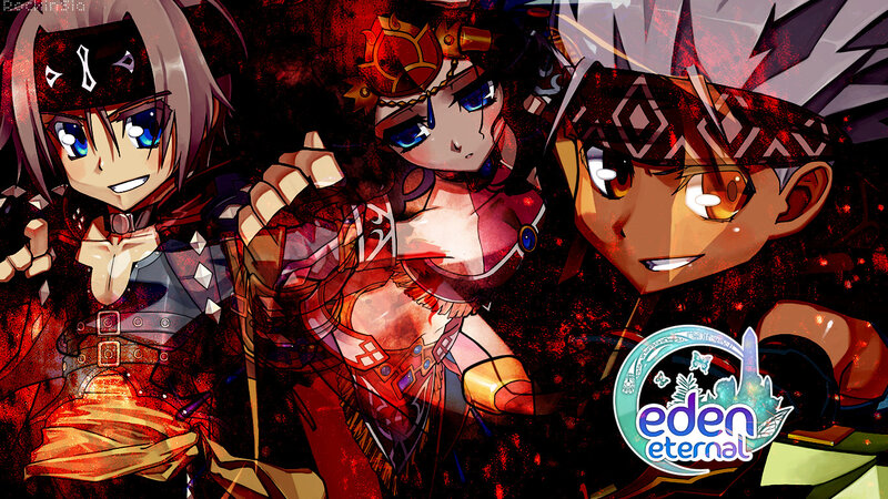 Three Anime Characters — Red, Dramatic, Logo