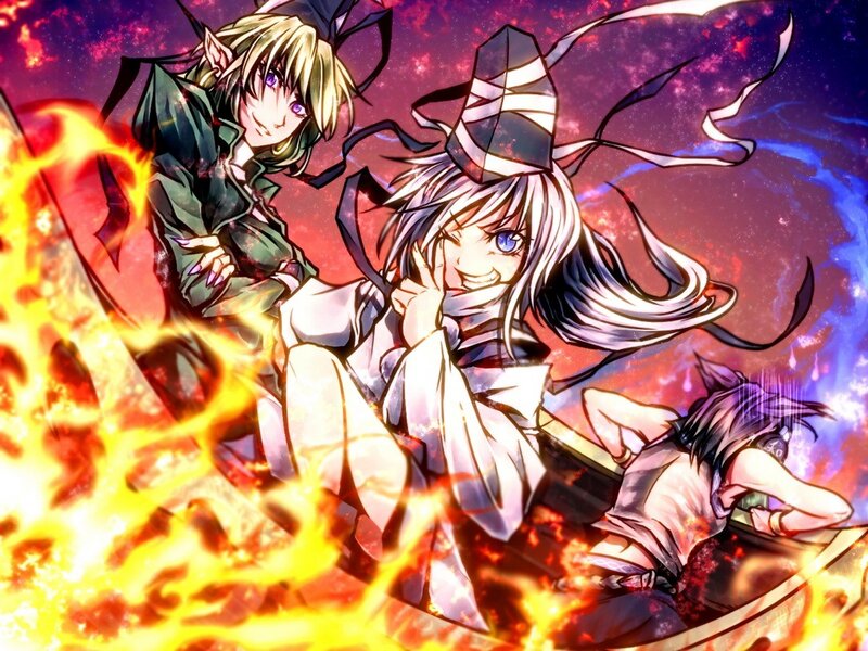Three Anime Characters — Red, Dramatic, Night, Fire