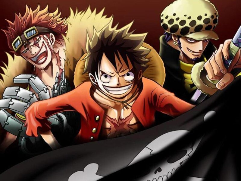 Three Anime Characters — Red, Dramatic, Skull and Crossbones Flag