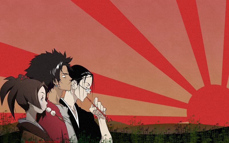 Three Anime Characters — Red, Dramatic, Sunset, Grass