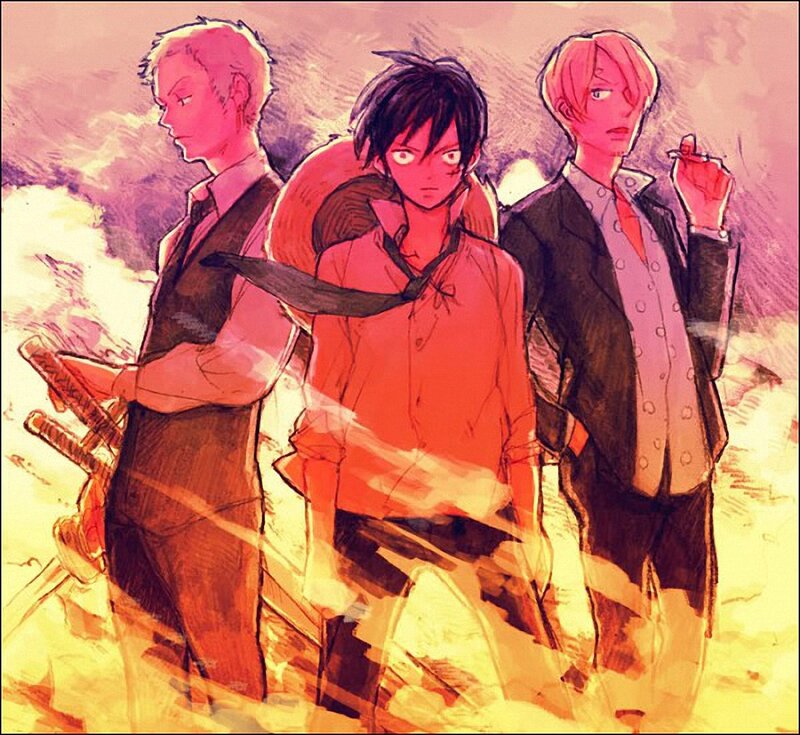 Three Anime Characters — Red, Dramatic, Sunset, Manga