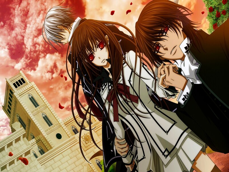Three Anime Characters — Red, Dramatic, Sunset, Rose Petals