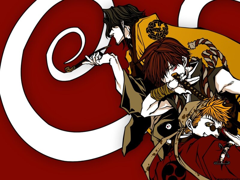 Three Anime Characters — Red, Dramatic, Sword, Flag