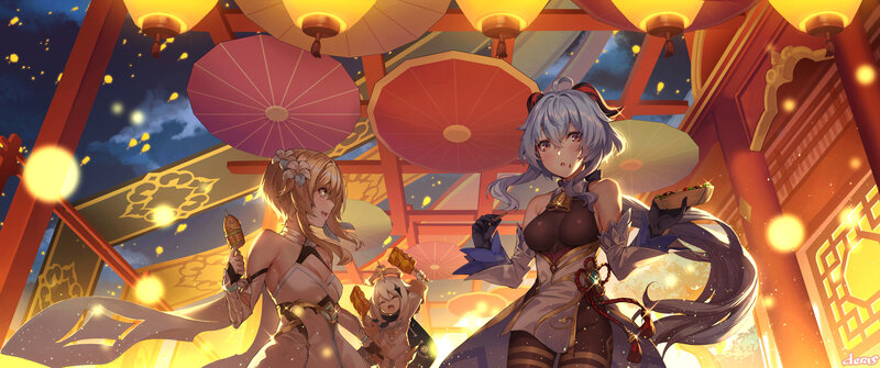 Three Anime Characters — Red, Festive, Night