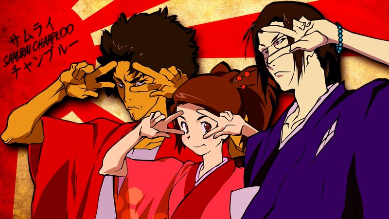 Three Anime Characters — Red, Playful, Kimono, Hand Gesture