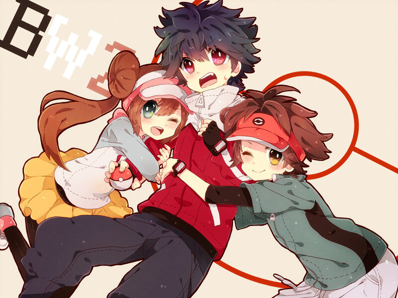 Three Anime Characters — Red, Playful, Poké Ball