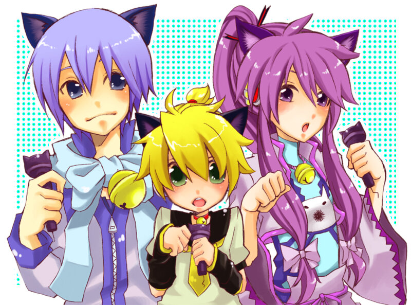 three anime characters singing