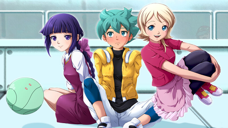 Three Anime Characters Sitting — Blue, Calm