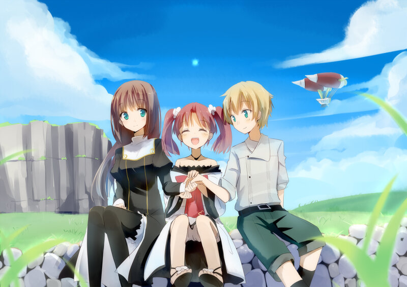 Three Anime Characters Sitting — Blue, Serene