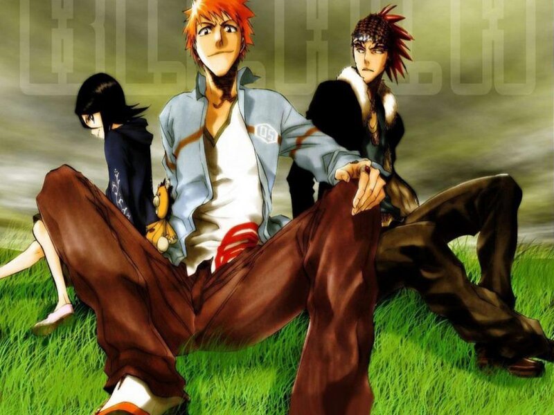 Three Anime Characters Sitting — Green, Relaxed, Afternoon