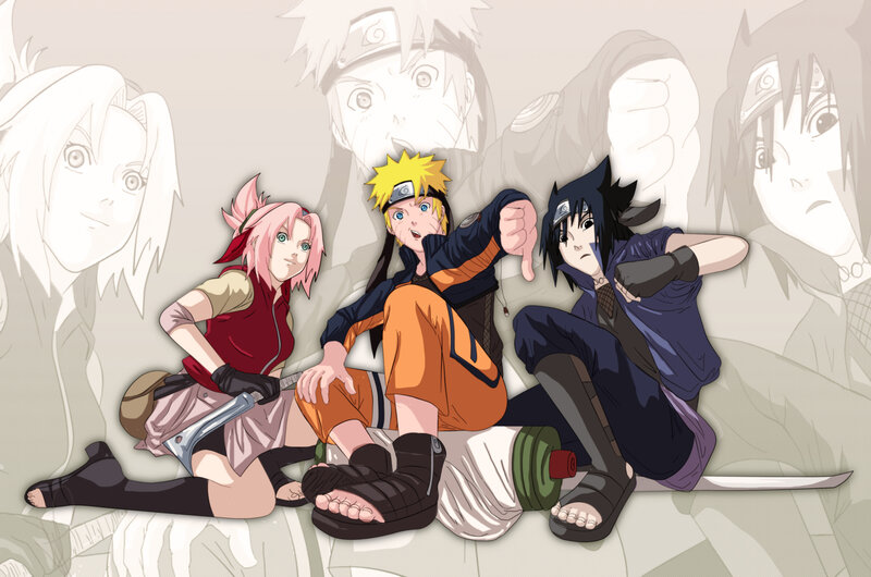 Three Anime Characters Sitting — Orange