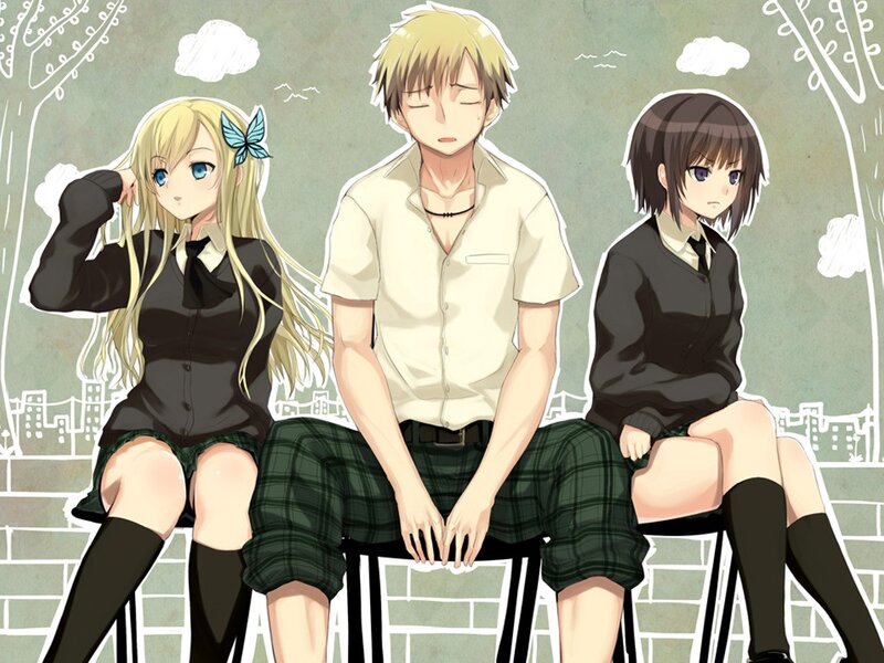Three anime characters sitting together