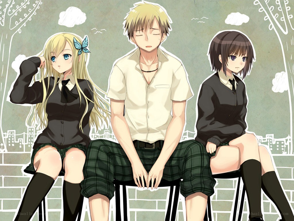 Three anime characters sitting together