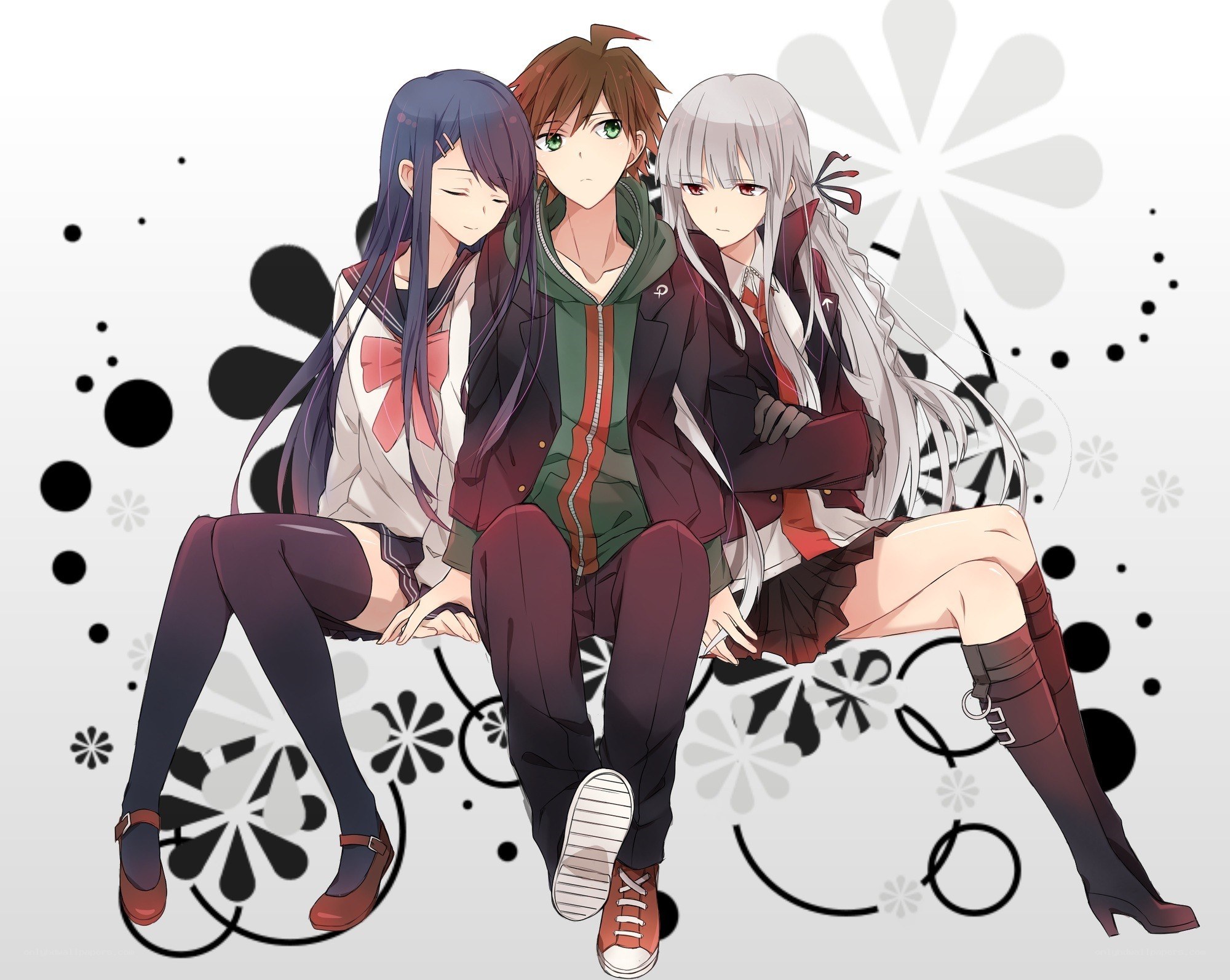 three anime characters sitting together
