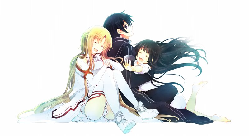 Three Anime Characters Sitting — White, Peaceful