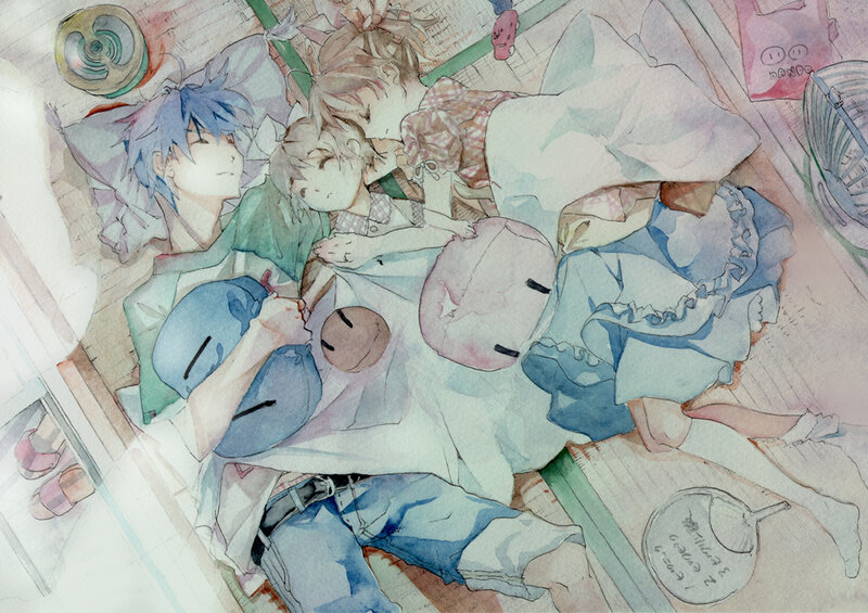 Three Anime Characters Sleeping — Blue