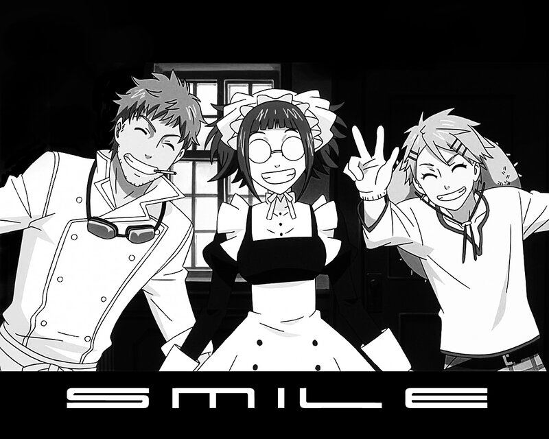 three anime characters smiling