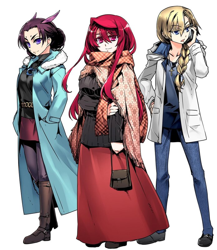 three anime characters standing