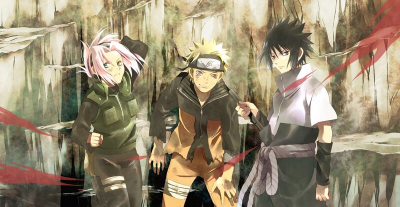 Three Anime Characters Standing — Brown