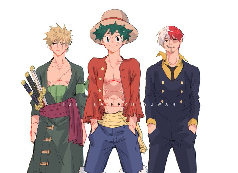 Three Anime Characters Standing — Red