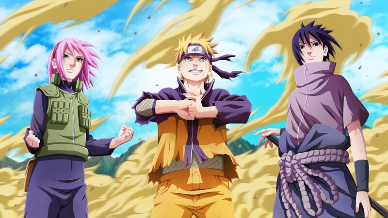 Three Anime Characters Standing — Yellow, Dramatic