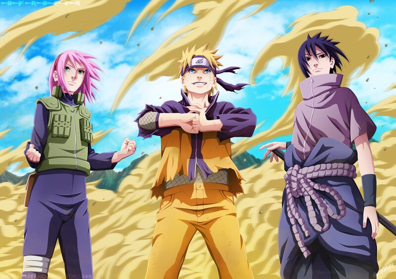 Three Anime Characters Standing — Yellow