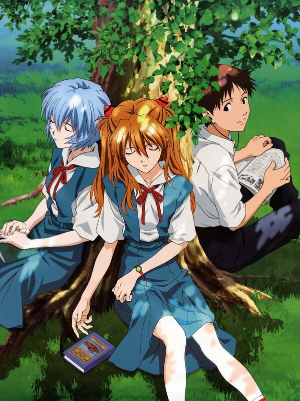 Three anime characters under a tree