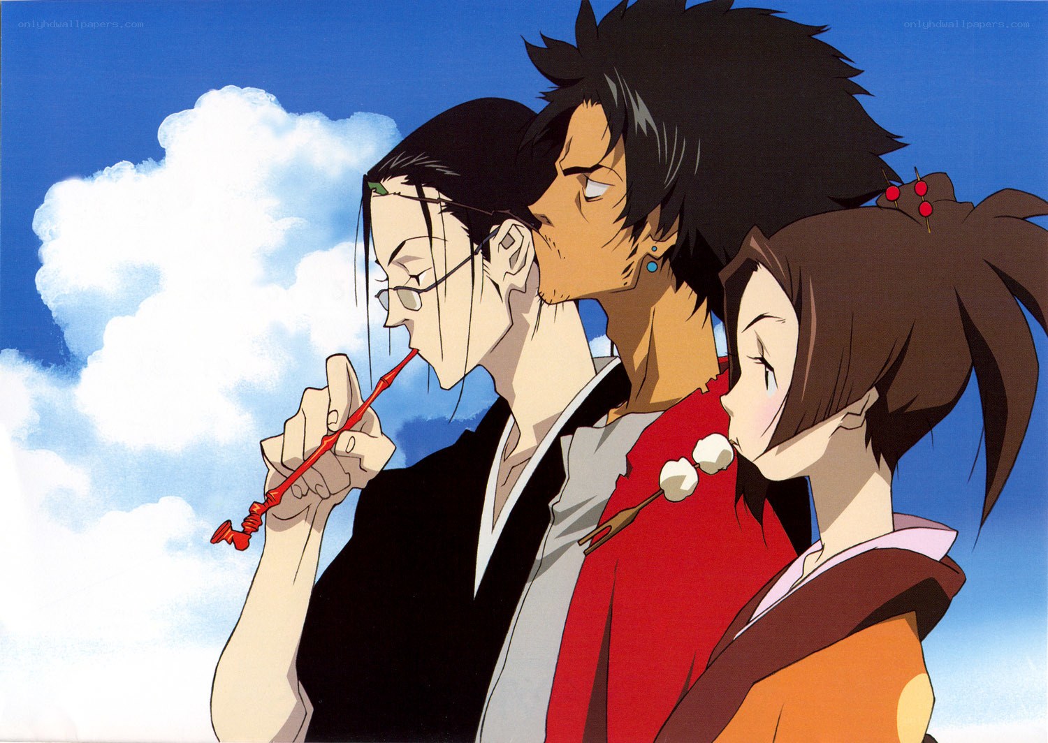 Three anime characters under blue sky