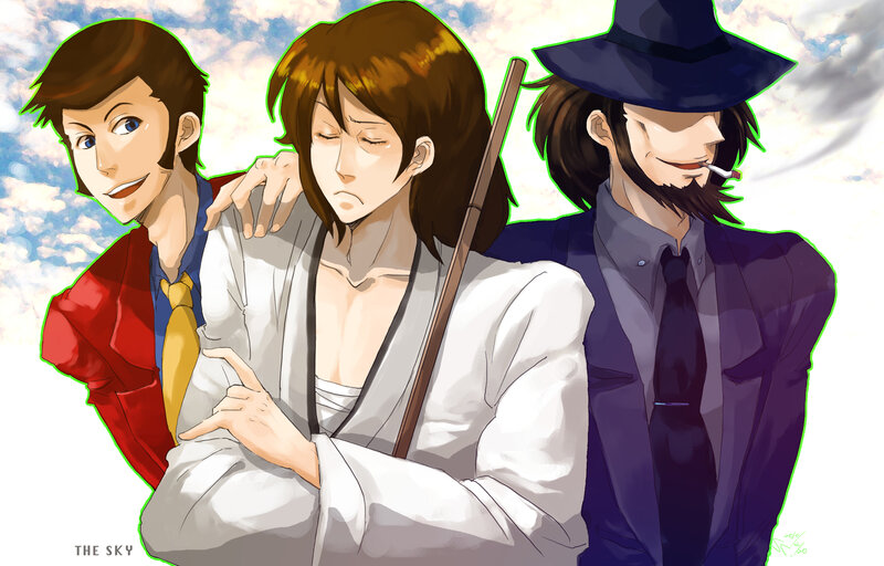 Three anime characters under the sky