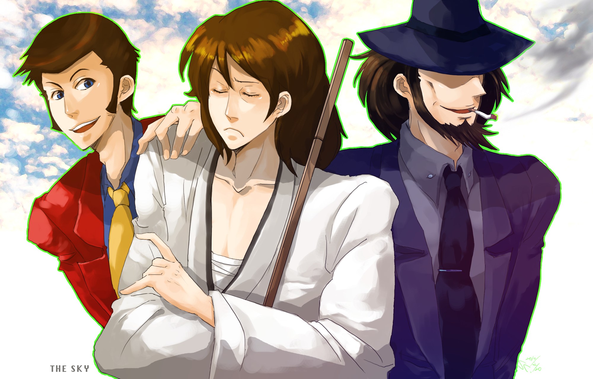 Three anime characters under the sky