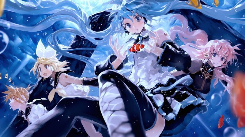 Three Anime Characters Underwater — Blue, Dynamic