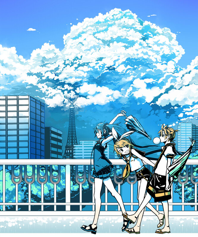 Three Anime Characters Walking — Blue, Bright, Cheerful