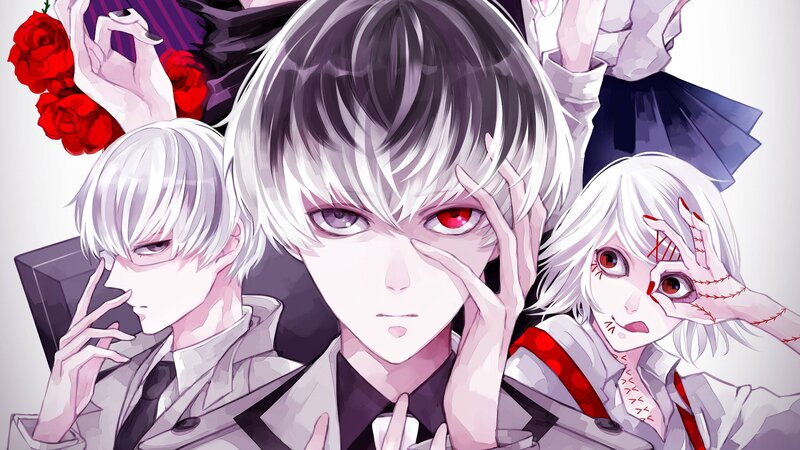 Three Anime Characters — White, Dramatic, Red Roses