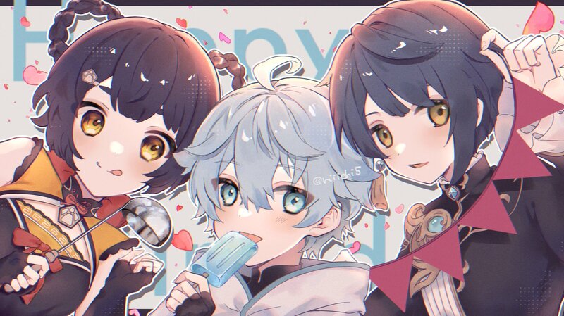 Three Anime Characters — White, Happy, Heart Confetti
