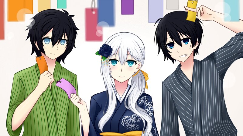 Three Anime Characters — White, Playful, Kimonos