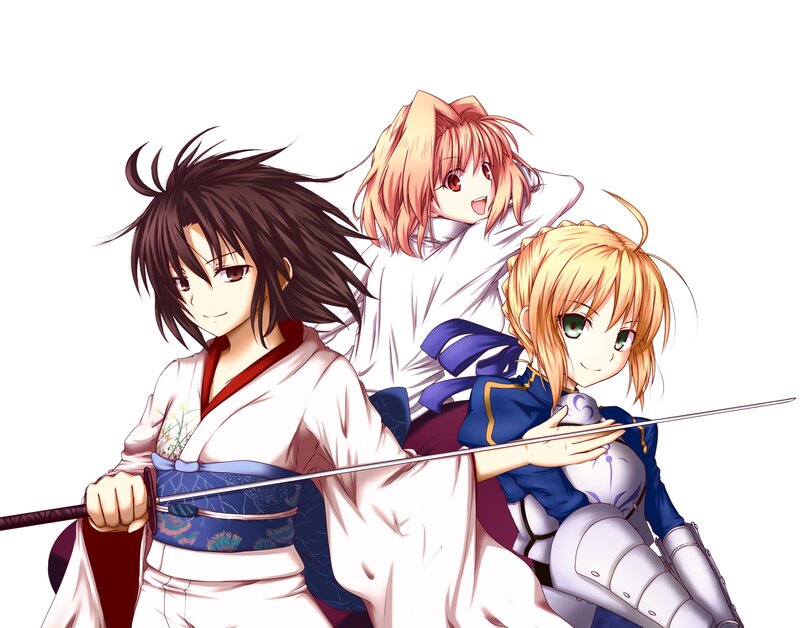 Three Anime Characters — White, Playful, Swords