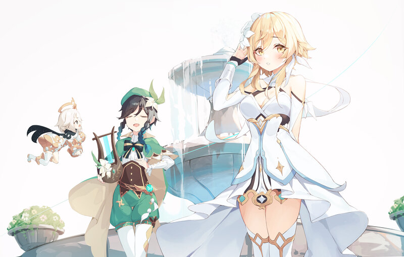 Three Anime Characters — White, Serene, Afternoon